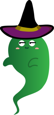 Şapkalı şirin yeşil bir hayaletin çizgi film çizimi.