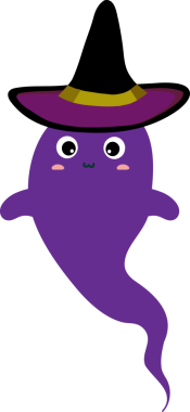 Mor şapkalı, mor gözlü şirin cadılar bayramı hayaleti.