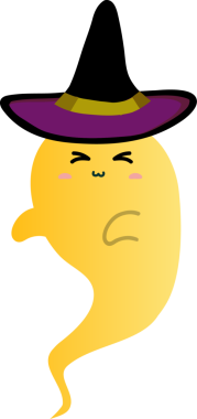 Beyaz arka planda izole edilmiş sarı şapkalı bir hayaletin çizgi film karakteri.