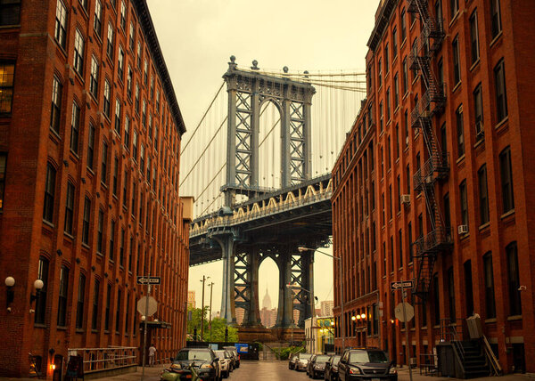 Marvel at the captivating sight of the Manhattan Bridge seamlessly nestled amidst Dumbo's charming buildingsa perfect blend of urban architecture and natural beauty