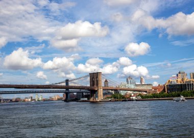 New York 'un en popüler turizm merkezlerinden biri olan Brooklyn Köprüsü' nün çarpıcı bir resmi. Fotoğraf, köprünün zarif asma kulelerini ve Doğu Nehri 'nin, Manhattan' ın ve Brooklyn 'deki gökyüzünün nefes kesici manzarasını yakalıyor.