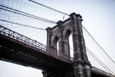 New York 'un en popüler turizm merkezlerinden biri olan Brooklyn Köprüsü' nün çarpıcı bir resmi. Fotoğraf, köprünün zarif asma kulelerini ve Doğu Nehri 'nin, Manhattan' ın ve Brooklyn 'deki gökyüzünün nefes kesici manzarasını yakalıyor.