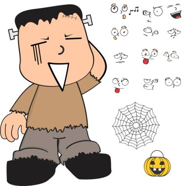 Utanç verici cadılar bayramı Frankenstein çocuk çizgi film kawaii ifadeleri vektör biçiminde ayarlandı