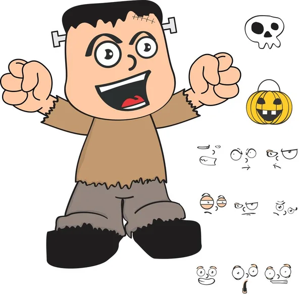 Heureux Halloween Frankenstein Enfant Dessin Animé Kawaii Expressions Mis Format — Image vectorielle