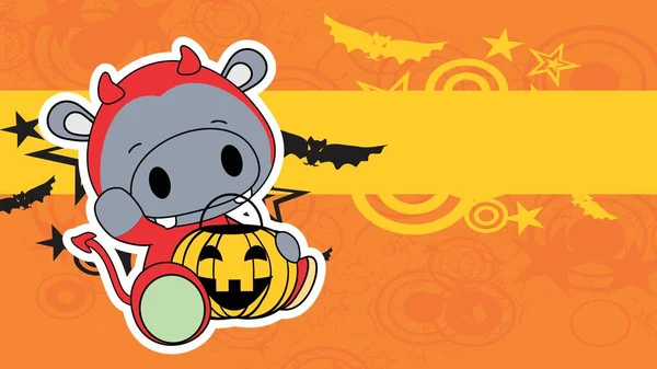 Chibi Halloween Hippo Kwaad Kostuum Karakter Cartoon Achtergrond Illustratie Vector — Stockvector