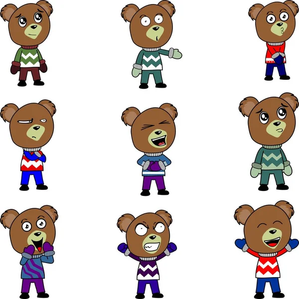 Standing Funny Teddy Bear Kid Xmas Cartoon Set Collection Vector — Stock Vector