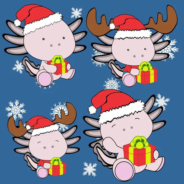 Xmas Cute Baby Axoltl Cartoon Sitting Christmas Set Collection Pack — Stock Vector
