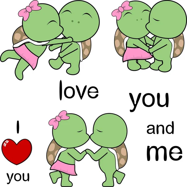 Pasangan Kura Kura Yang Cantik Mencium Kartun Cinta Valentine Pack - Stok Vektor
