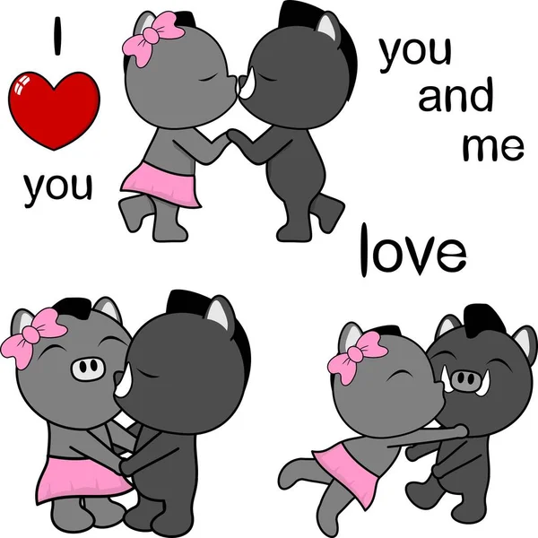 Pasangan Babi Hutan Yang Cantik Mencium Kartun Cinta Valentine Pack - Stok Vektor