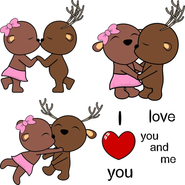 Lovely Cute Deer Couple Kissing Cartoon Love Valentine Pack Vector — Stock Vector