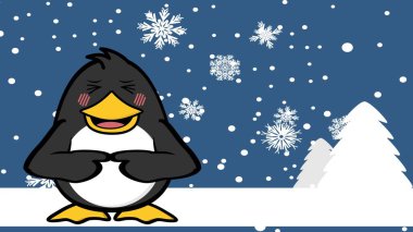 ashamed xmas penguin character cartoon christmas background postal illustration in vector format