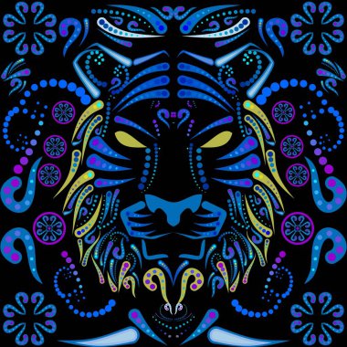 mosaic tiger head mexican huichol art illustration in vector format