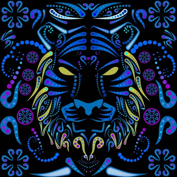 Mosaic Tiger Head Mexican Huichol Art Illustration Vector Format —  Vetores de Stock