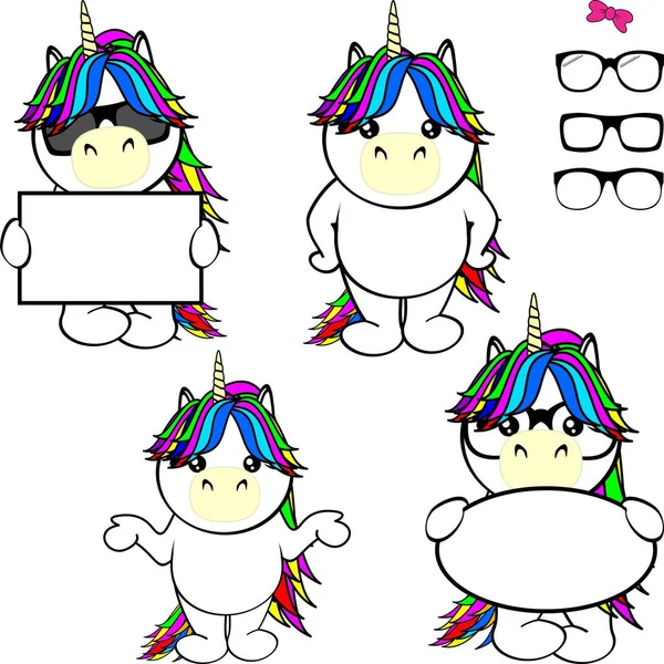 Chibi Unicorn Anak Kartun Billboard Dan Kacamata Pak Ilustrasi Dalam - Stok Vektor