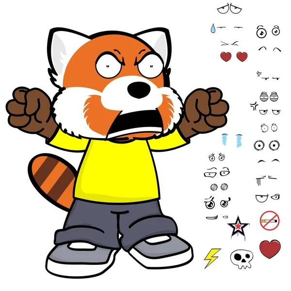 Arrabbiato Rosso Panda Bambino Personaggio Cartoni Animati Abbigliamento Espressioni Pacchetto — Vettoriale Stock