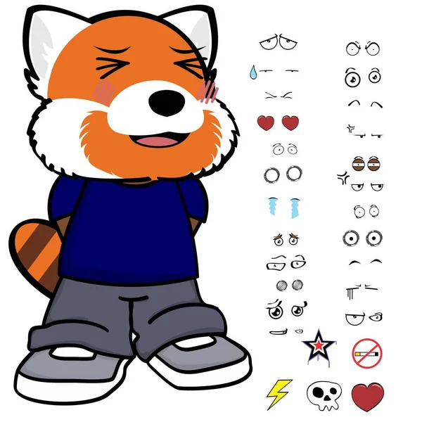 Ashamed Red Panda Kid Character Cartoon Clothing Expressions Pack Vector — Stock Vector