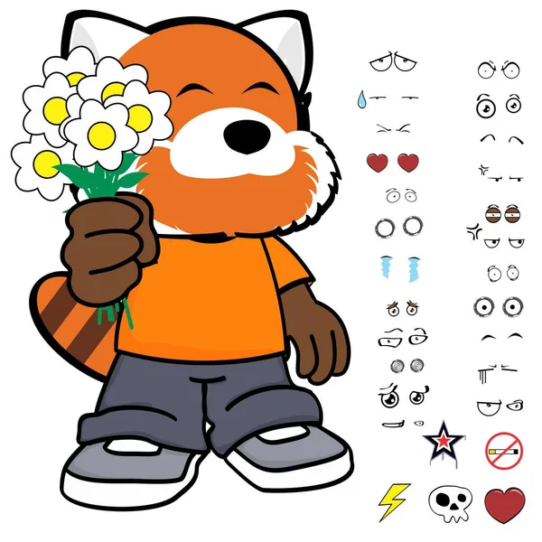 Flores Panda Rojo Niño Personaje Dibujos Animados Ropa Expresiones Paquete — Vector de stock