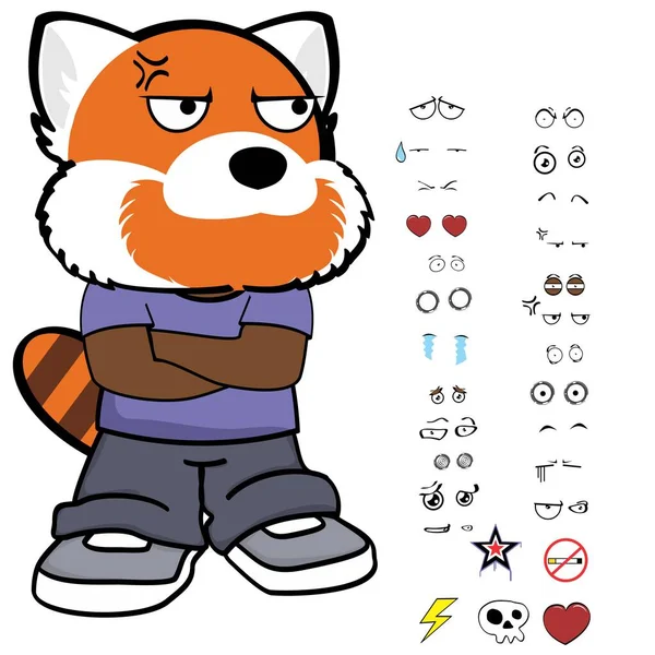Little Grumpy Red Panda Kid Character Cartoon Clothing Expressions Pack — Stock Vector