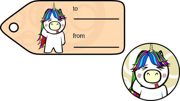 Ντροπιασμένος Unicorn Παιδί Εικονογράφηση Αυτοκόλλητη Κάρτα Δώρο Κινουμένων Σχεδίων Μορφή — Διανυσματικό Αρχείο