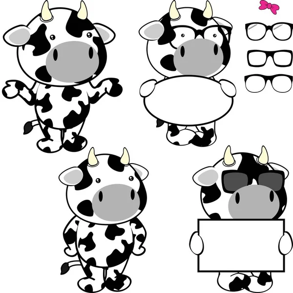 Cow Cartoon Holding Empty Billboard Character Pack Illustration Vector Format — Stock Vector