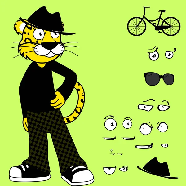 Legrační Leopard Charakter Karikatura Sobě Hipster Oblečení Styl Výrazy Balení — Stockový vektor