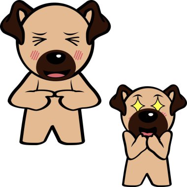 Utanç pug köpek karakteri çizgi film ayakta ifadeler vektör biçiminde paket koleksiyonu