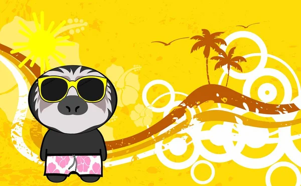 Sloth Beruang Kartun Dengan Clothings Musim Panas Tropis Hawaiian Latar - Stok Vektor