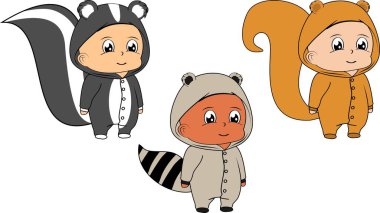 Vektör sanatında hayvan pijaması giyen sevimli çocuklar.