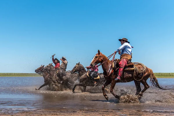 エスキーナ コリエンテス アルゼンチン 2022年10月29日 アルゼンチンの5頭のガウチョが川を渡って馬に乗っている様子 — ストック写真
