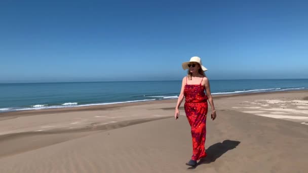 Reife Frau Genießt Einen Spaziergang Allein Auf Den Dünen Strand — Stockvideo
