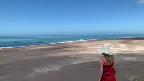 一个女人走在沙丘上 走向一个孤独的海滩 夏季概念 — 图库视频影像