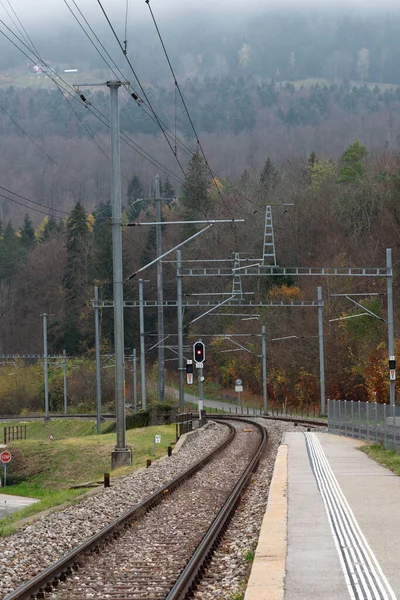 Järnvägsspår Utomhus Naturen Höstdag Rese Och Transportkoncept — Stockfoto