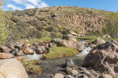 Çimenli bir alanda kayalık bir dere akar. Kayalar derenin her tarafına dağılmış ve su berrak ve sakin. Sahne huzurlu ve sakin, suyun sesiyle.