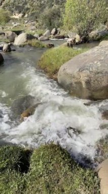 İçinde bir sürü kaya ve su olan erimiş bir su nehri. Su hızlı akıyor ve kayalar nehrin dört bir yanına dağılmış.