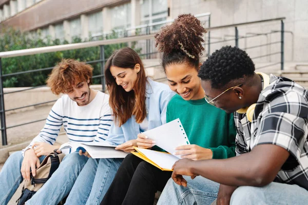 University Students Sitting University Stairs Working Learning Together — Foto Stock