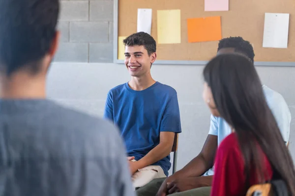 Happy Teenager Student Talking Classmates Support Group Discussion School — kuvapankkivalokuva
