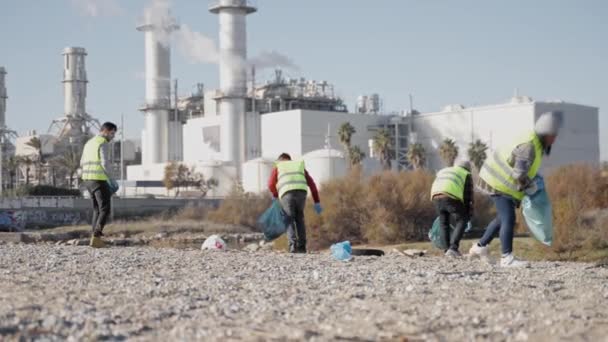 一群志愿者从工业塑料垃圾中清理河岸海滩 — 图库视频影像