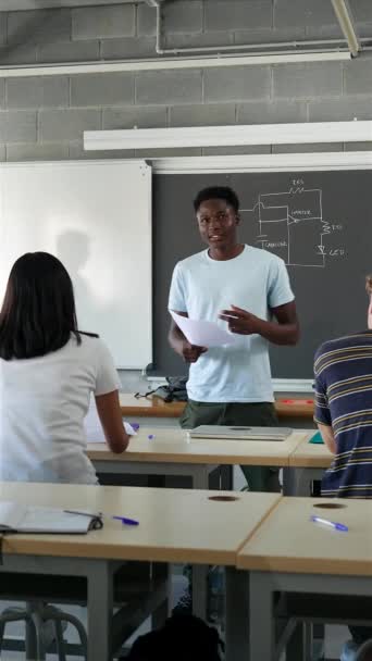 African American Male College Student Presenting Project Reading Essay Classmates — Wideo stockowe