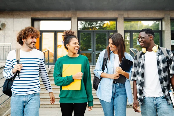 Cheerful College Student Friends Talking Walking University School Diverse American – stockfoto