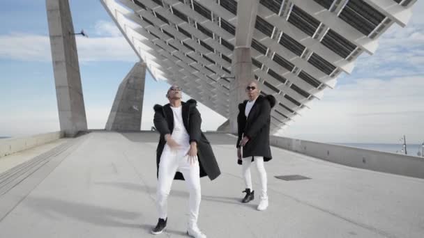 Twin Brother Rappers Having Hip Hop Music Performance Concrete Urban — Stock videók