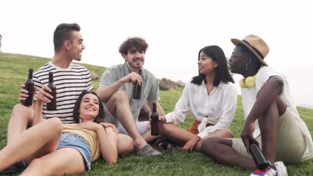 Diverse Groep Jonge Vrienden Hebben Plezier Openbaar Park Samen Wat — Stockvideo