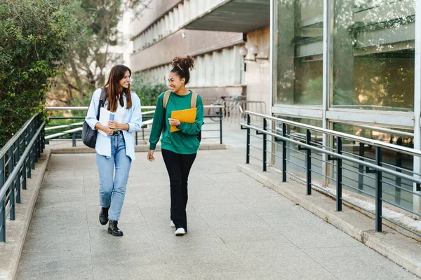 Kaksi Onnellista Opiskelijaa Tytöt Kävelevät Puhuvat Toisilleen Yliopiston Kampuksella Luokkien — kuvapankkivalokuva