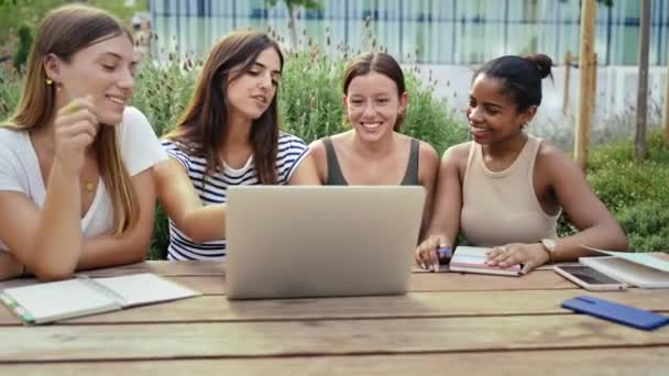 Bir Grup Kız Öğrenci Kampüste Dizüstü Bilgisayarla Çalışırken Birlikte Öğreniyorlar — Stok video