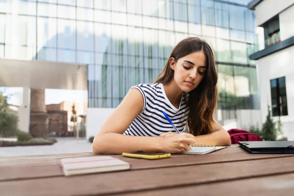 Inspired Hispanic Woman Studying Writing Notes University Student Girl Thinking Stock Picture