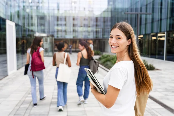 Group College Girl Friends Walking University Building Blond Female Student Stock Image