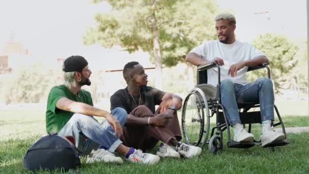 Инвалид Инвалидной Коляске Вместе Молодыми Друзьями Веселится Сидя Траве Парке — стоковое видео