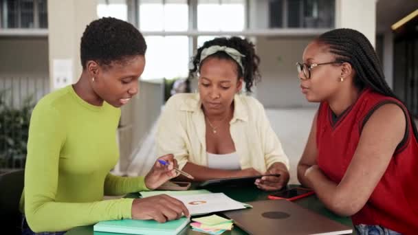 Kvinnelige Afroamerikanske Studenter Universitetsområdet Som Jobber Sammen Kreativ Oppgave Forbereder – stockvideo