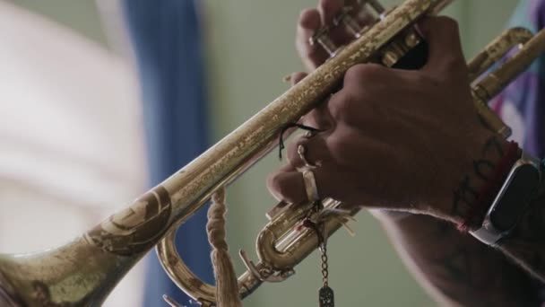 Afro Amerikaanse Man Die Trompet Speelt Latin Jazz Beoefent — Stockvideo