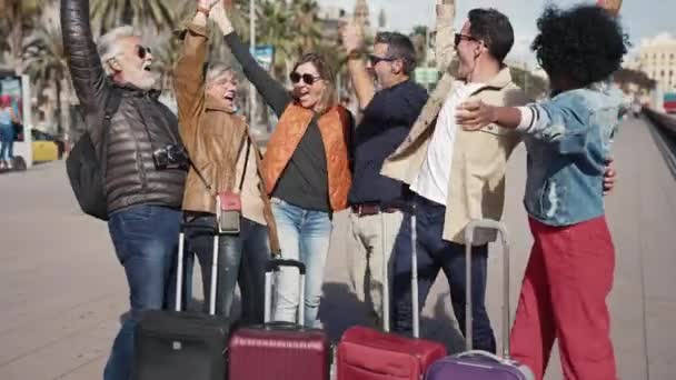 Grupa Turystów Więzi Świętowanie Przyjaźni Razem Szczęśliwych Wakacjach Podróż — Wideo stockowe