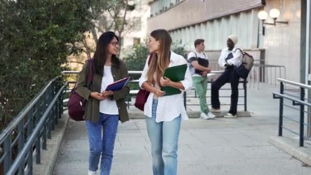 Università Studente Ragazza Amici Con Libri Piedi Fuori Edificio Scolastico — Video Stock